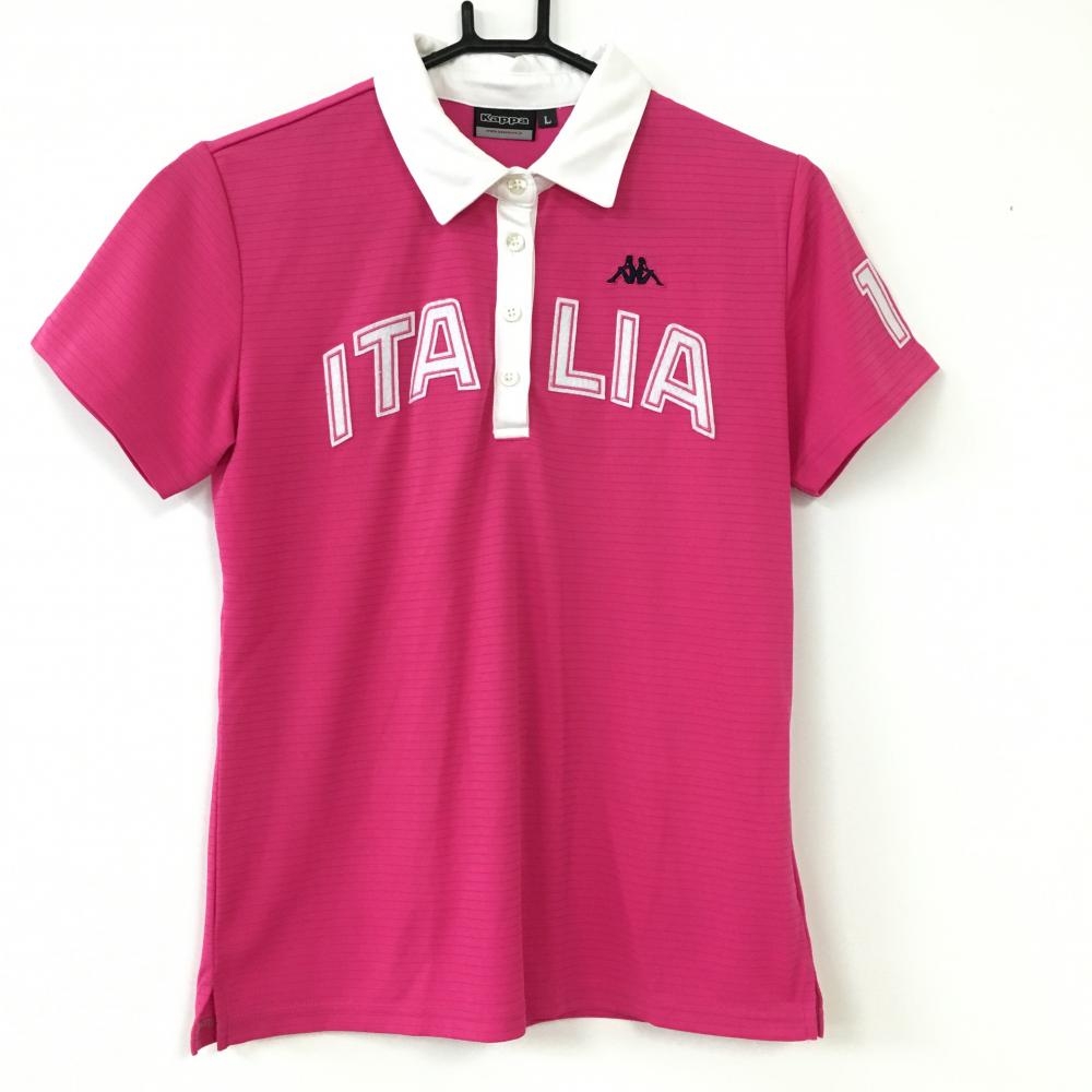 Kappa カッパ 半袖ポロシャツ ピンク×白 ボーダー 地模様 フェルトワッペン  レディース L ゴルフウェア
