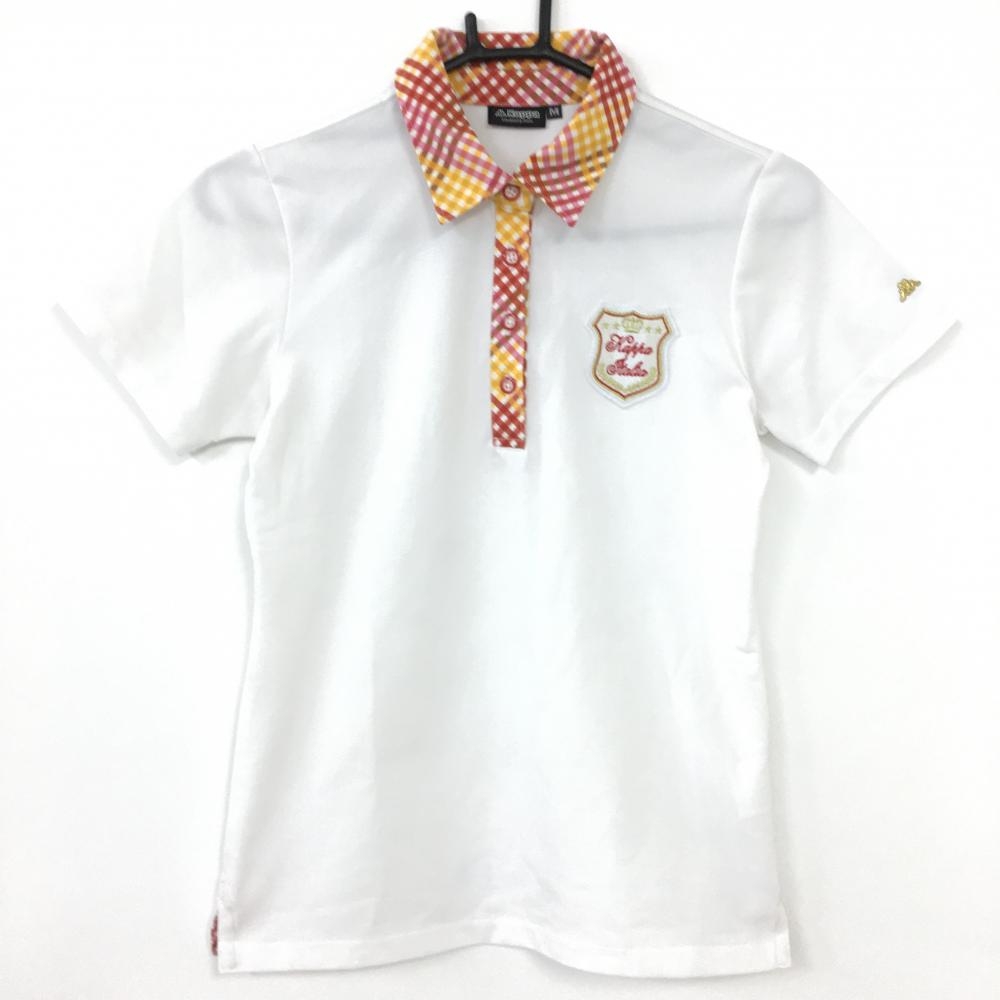 【美品】Kappa カッパ 半袖ポロシャツ 白×レッド 襟・前立てチェック柄 ワッペン レディース M ゴルフウェア