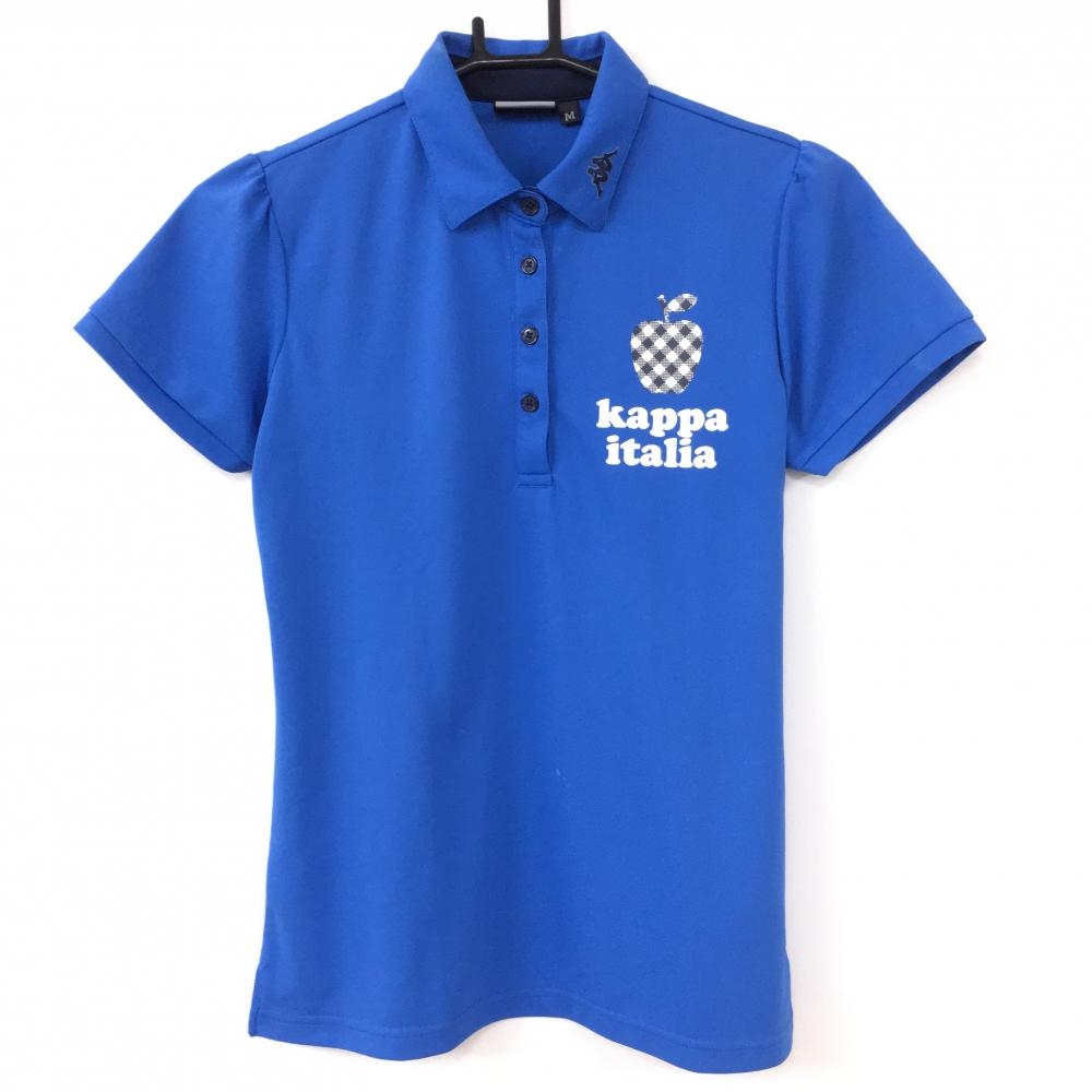 カッパ 半袖ポロシャツ ブルー×白 アップルプリント 襟ロゴ レディース M ゴルフウェア Kappa 画像