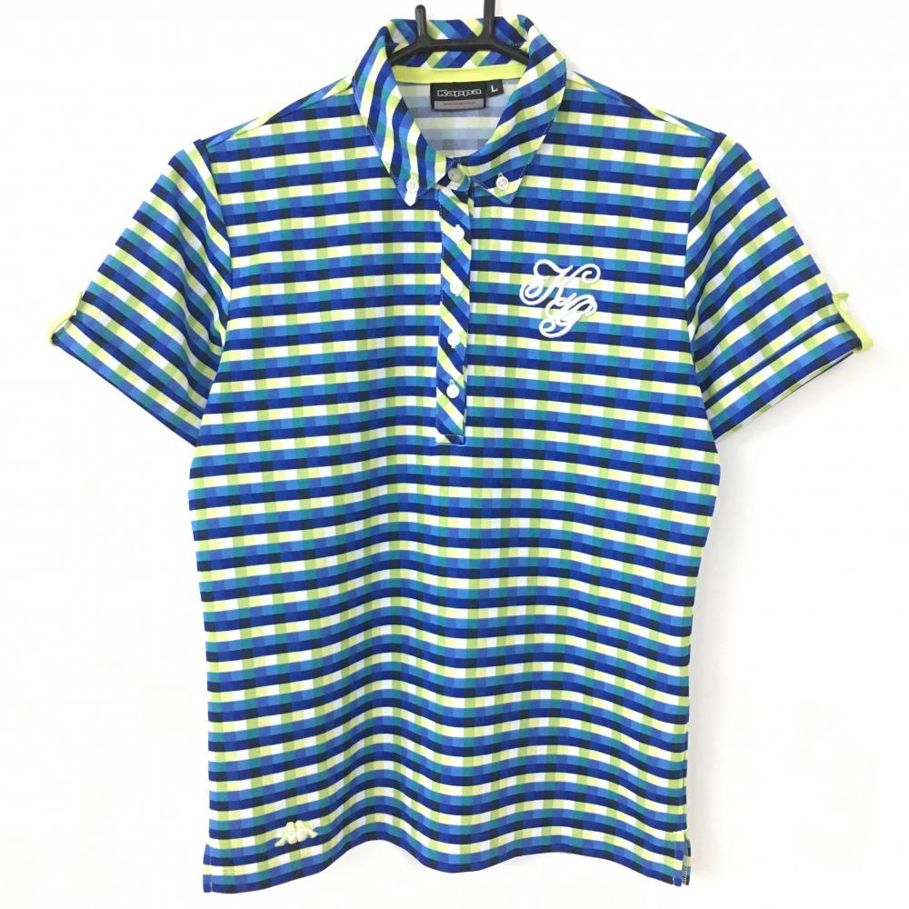 【美品】カッパ 半袖ポロシャツ ブルー×イエロー チェック ボタンダウン レディース L ゴルフウェア Kappa