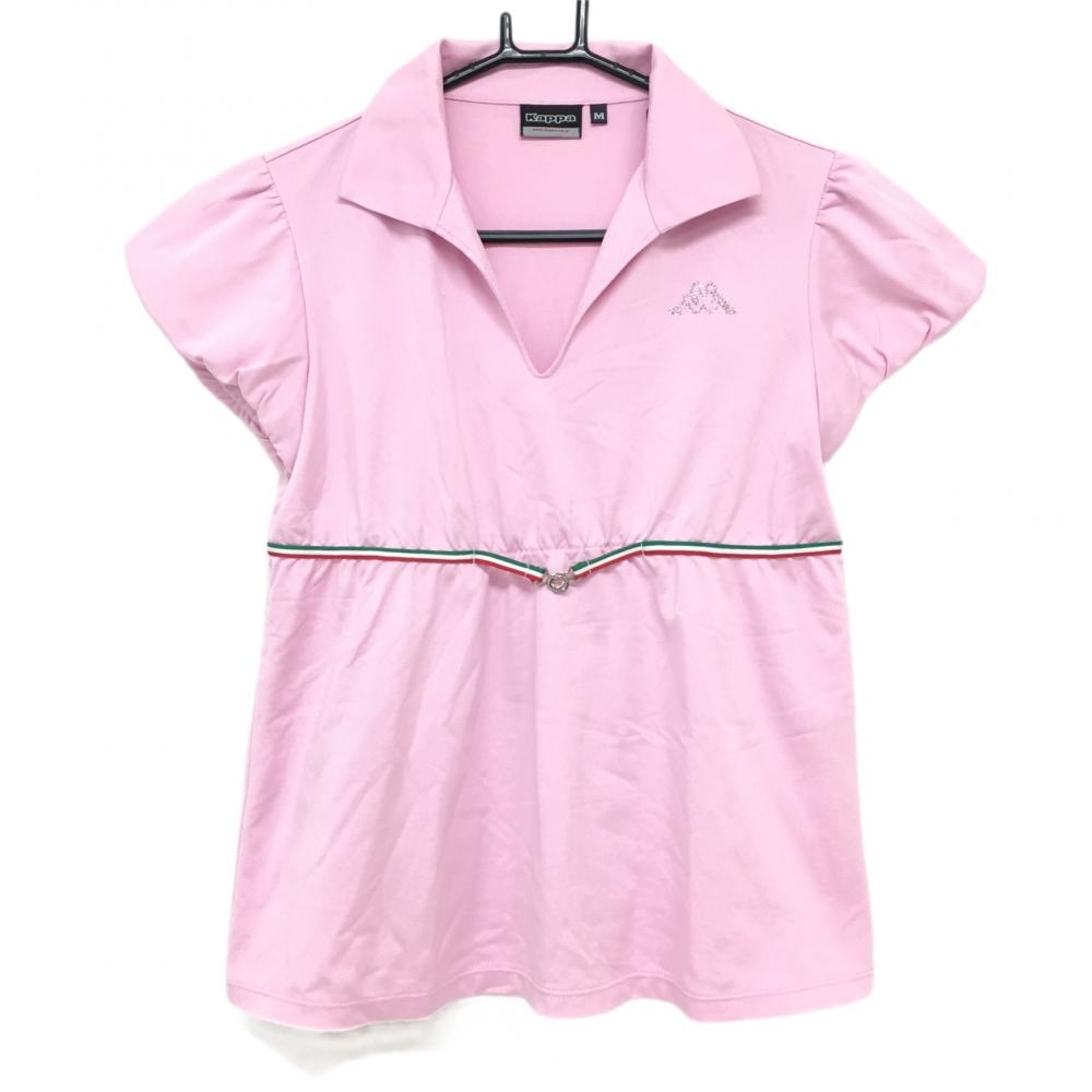 【超美品】カッパ 半袖ポロシャツ ピンク×グリーン 腹部ラインベルト ラインストーン レディース M ゴルフウェア Kappa 画像