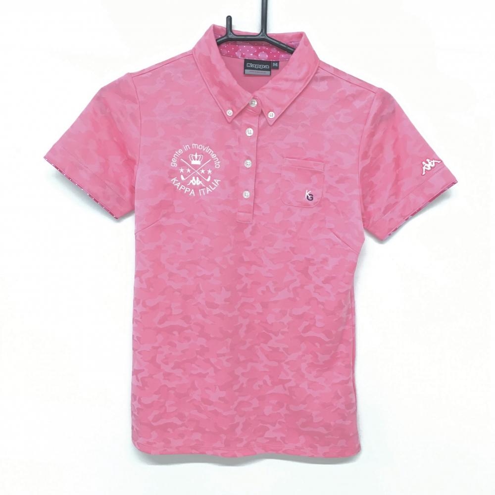 【超美品】カッパ 半袖ポロシャツ ピンク カモフラ織生地 迷彩 ボタンダウン レディース M ゴルフウェア Kappa