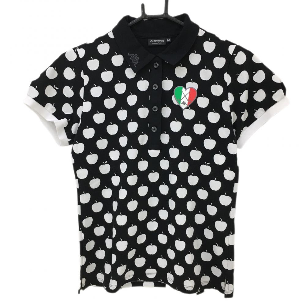 カッパ 半袖ポロシャツ 黒×白 リンゴ総柄 ハートワッペン レディース M ゴルフウェア Kappa