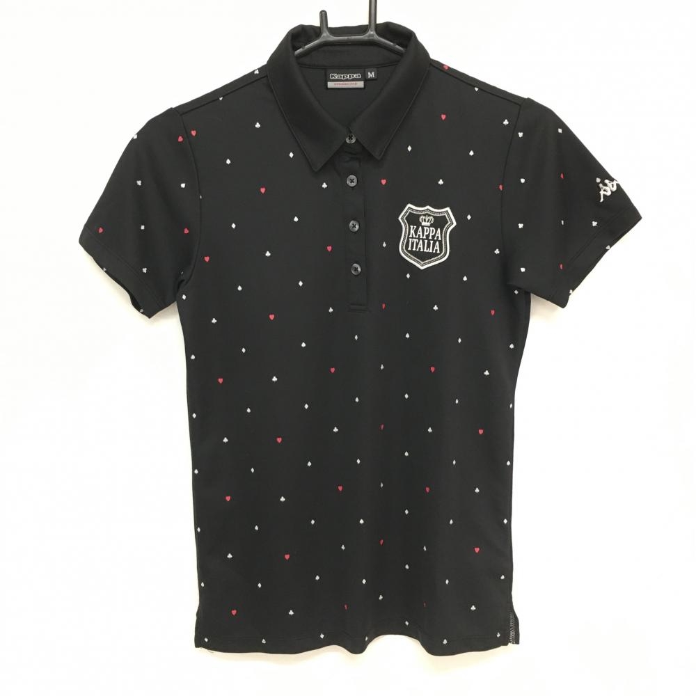 カッパ 半袖ポロシャツ 黒×白 総柄 胸ワッペン  レディース M ゴルフウェア Kappa