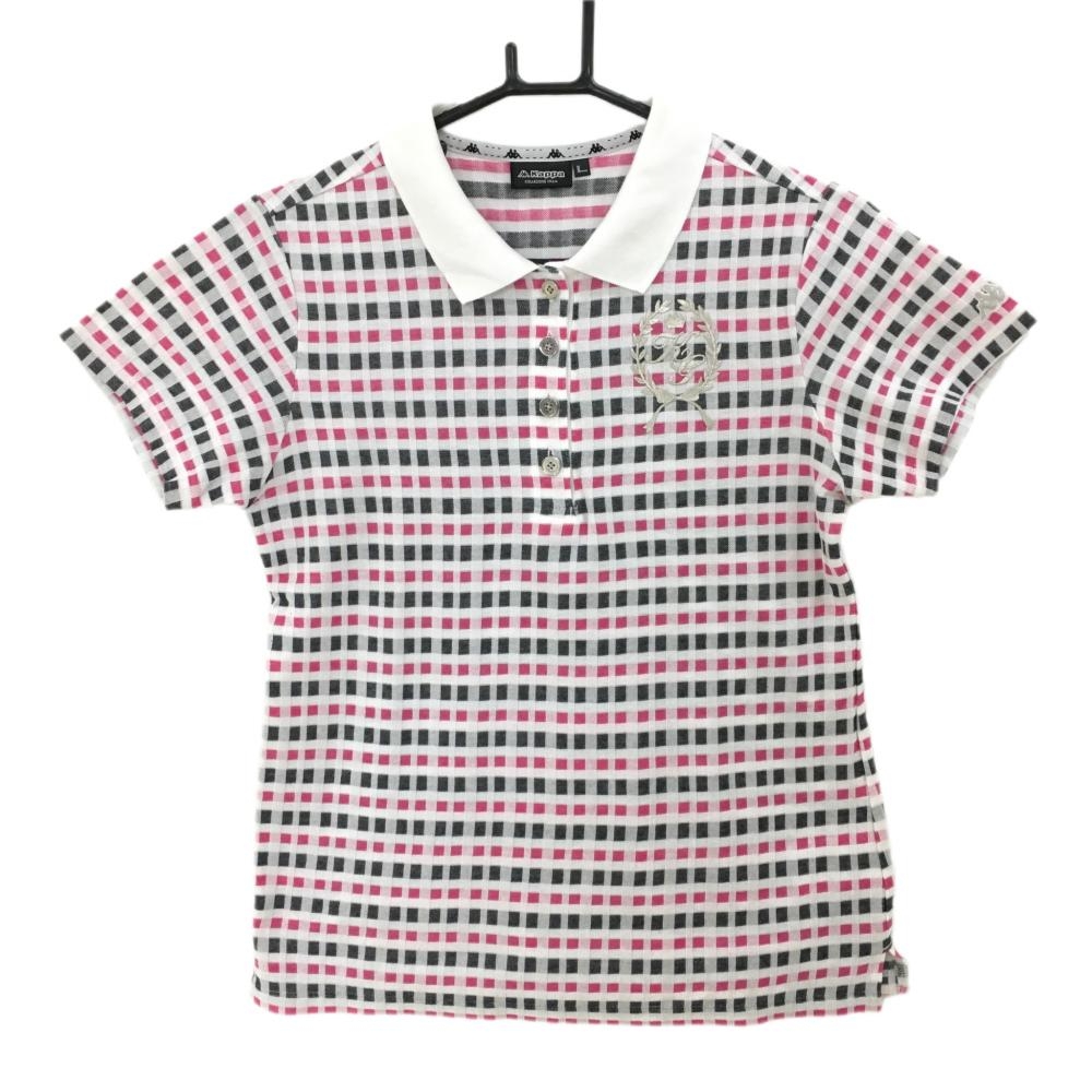 【超美品】カッパ 半袖ポロシャツ 白×黒×ピンク チェック レディース Ｌ ゴルフウェア Kappa