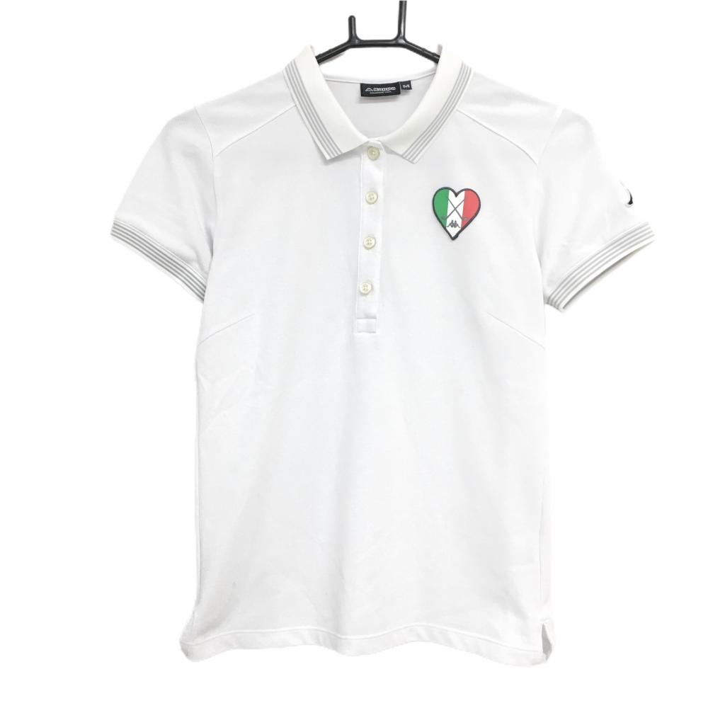 【美品】カッパ 半袖ポロシャツ 白×グレー 襟・袖口4ライン ロゴワッペン レディース M ゴルフウェア Kappa