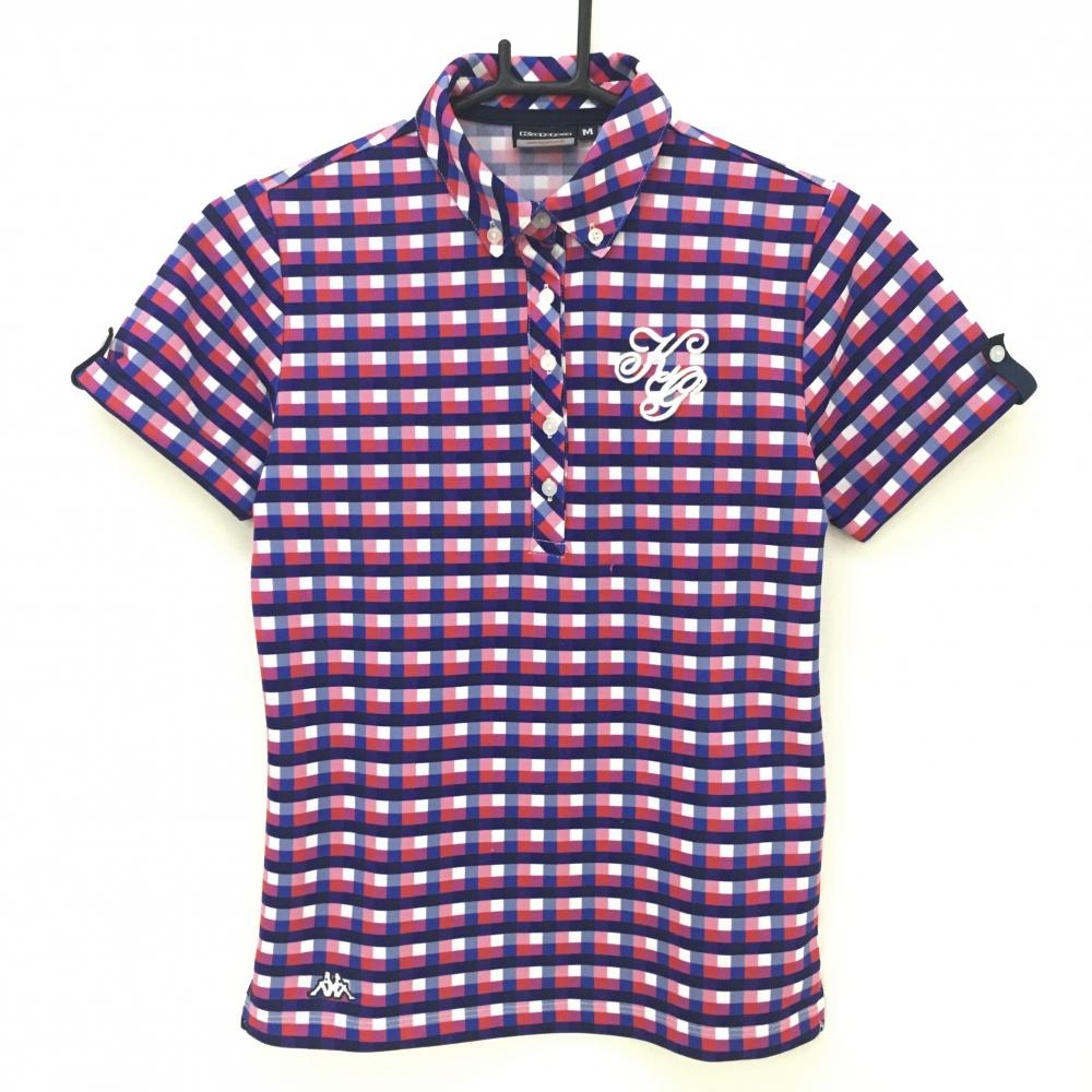 カッパ 半袖ポロシャツ ネイビー×ピンク チェック ボタンダウン レディース M ゴルフウェア Kappa