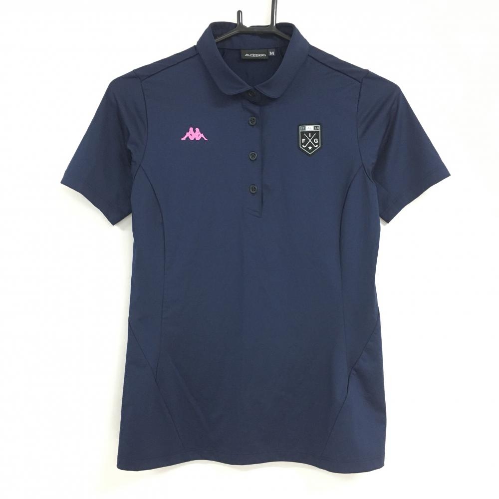 【超美品】カッパ 半袖ポロシャツ ネイビー×ピンク 立体ロゴ レディース M ゴルフウェア Kappa