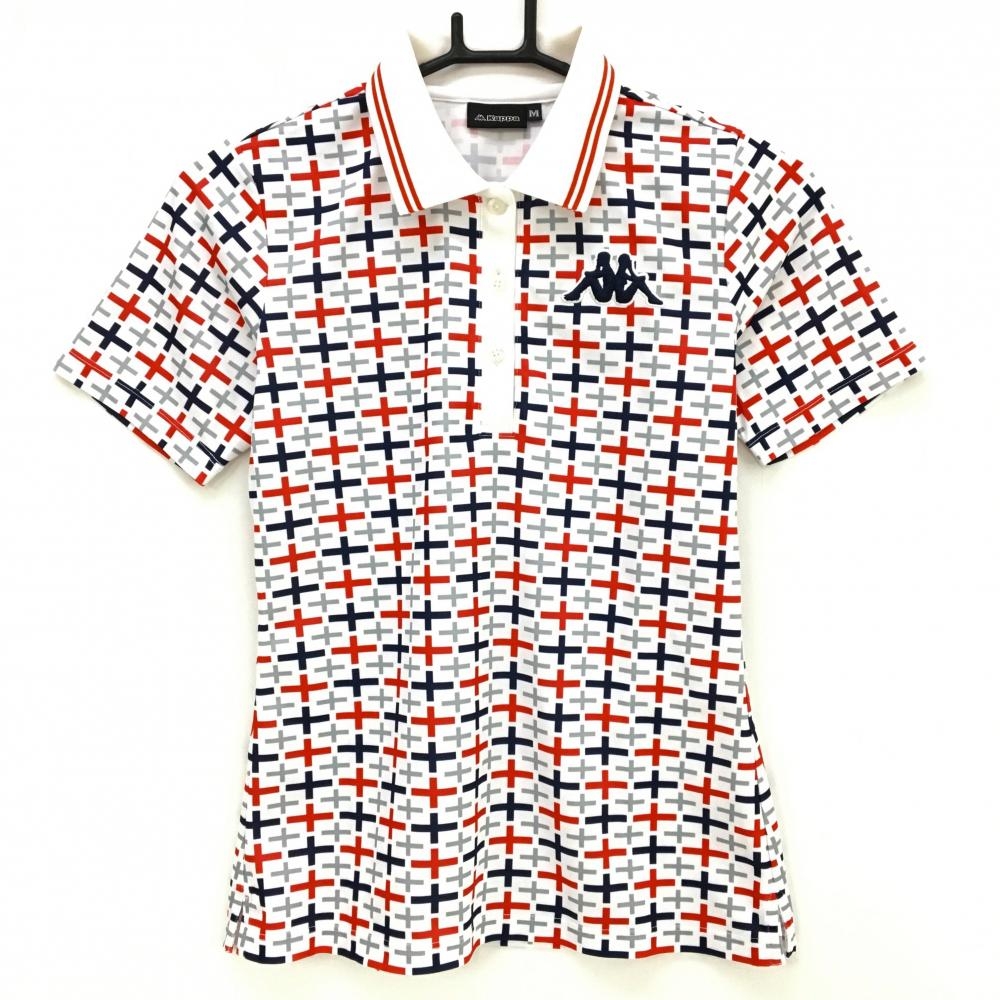 【美品】カッパ 半袖ポロシャツ 白×ネイビー×レッド 総柄 レディース M ゴルフウェア Kappa