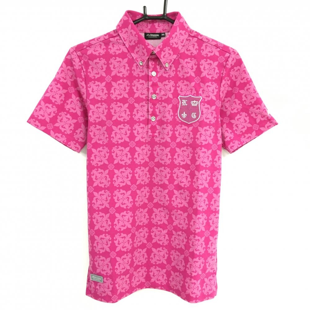【超美品】カッパ 半袖ポロシャツ ピンク×ライトピンク 総柄 ボタンダウン レディース M ゴルフウェア Kappa