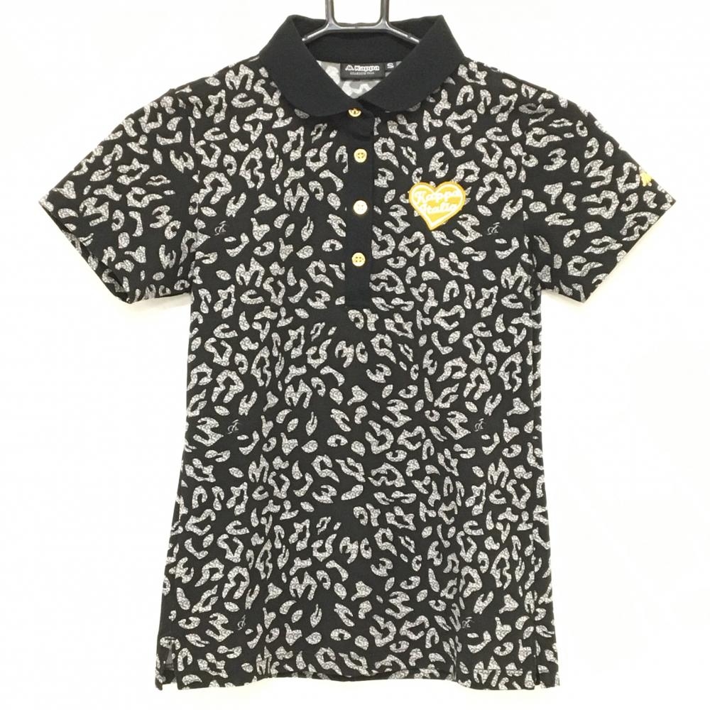 【超美品】カッパ 半袖ポロシャツ 黒×グレー 総柄 ハートワッペン 襟裏ロゴ レディース S ゴルフウェア Kappa