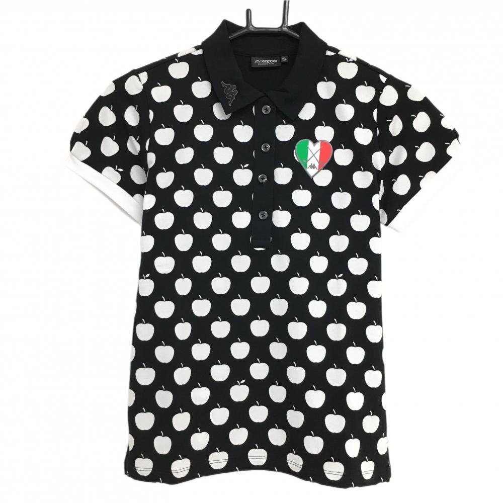 【超美品】カッパ 半袖ポロシャツ 黒×白 アップル柄 速乾 UVカット レディース S ゴルフウェア Kappa