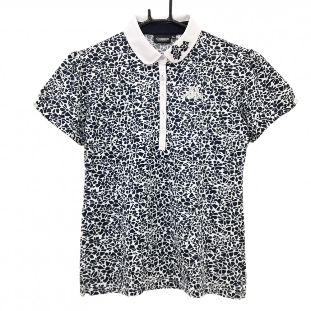 【超美品】カッパ 半袖ポロシャツ 白×ネイビー 総柄 ラインストーンロゴ  レディース L ゴルフウェア Kappa