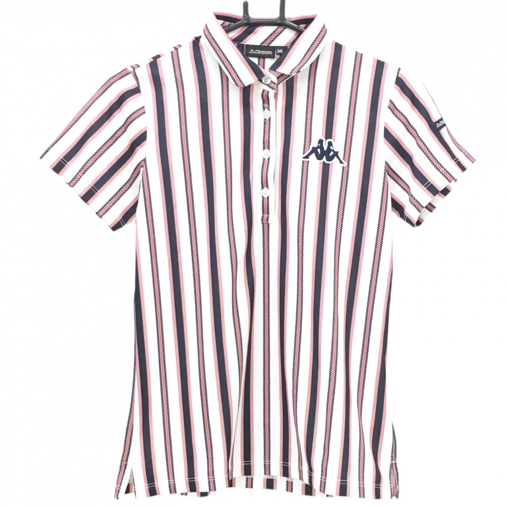 【超美品】カッパ 半袖ポロシャツ 白×ネイビー×レッド ストライプ 胸元ロゴ 袖ワッペン レディース M ゴルフウェア Kappa