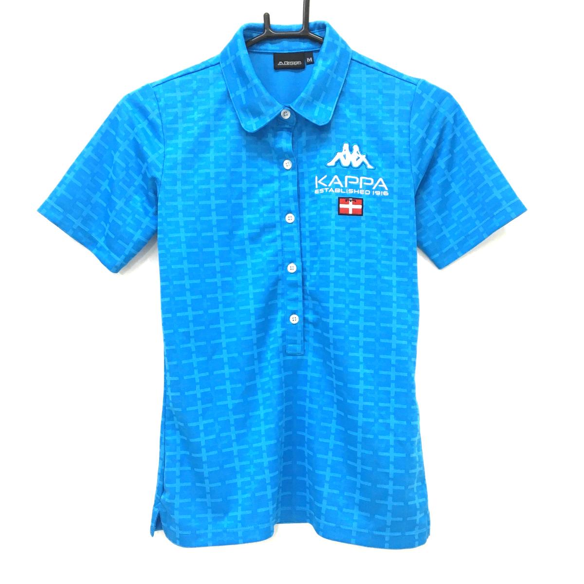 【超美品】カッパ 半袖ポロシャツ ライトブルー 総柄 ロゴ白 レディース M ゴルフウェア Kappa