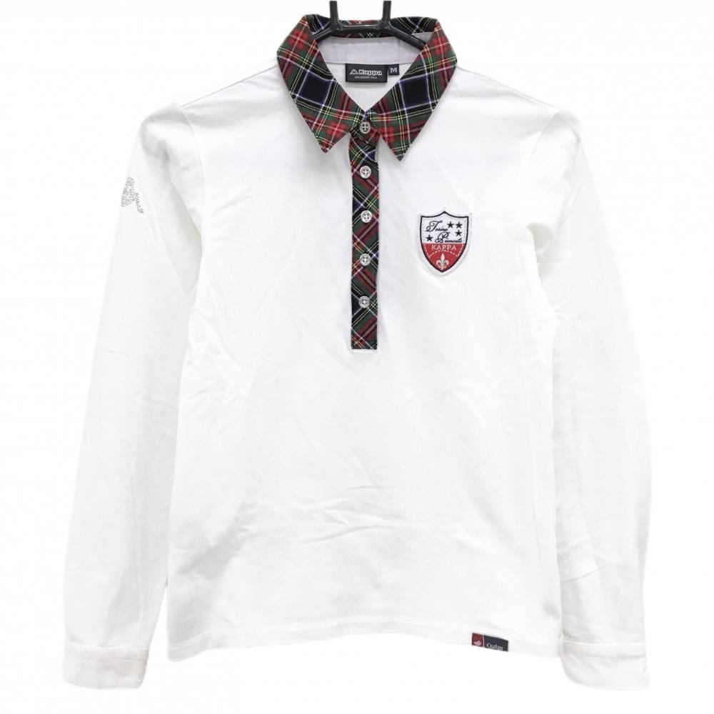【美品】カッパ 長袖ポロシャツ 白×レッド 襟・前立てチェック ロゴワッペン レディース M ゴルフウェア Kappa