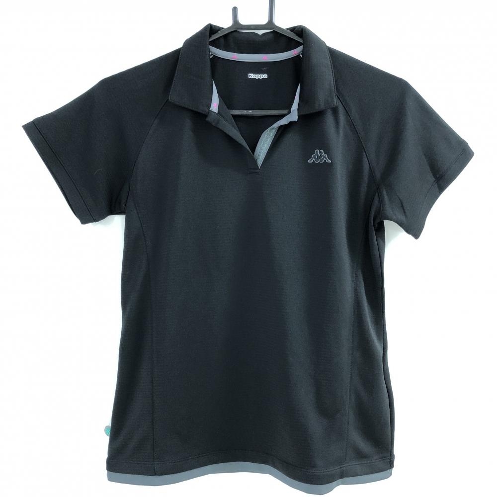 【超美品】カッパ 半袖スキッパーシャツ 黒 ボーダー織生地 シンプル レディース L ゴルフウェア Kappa