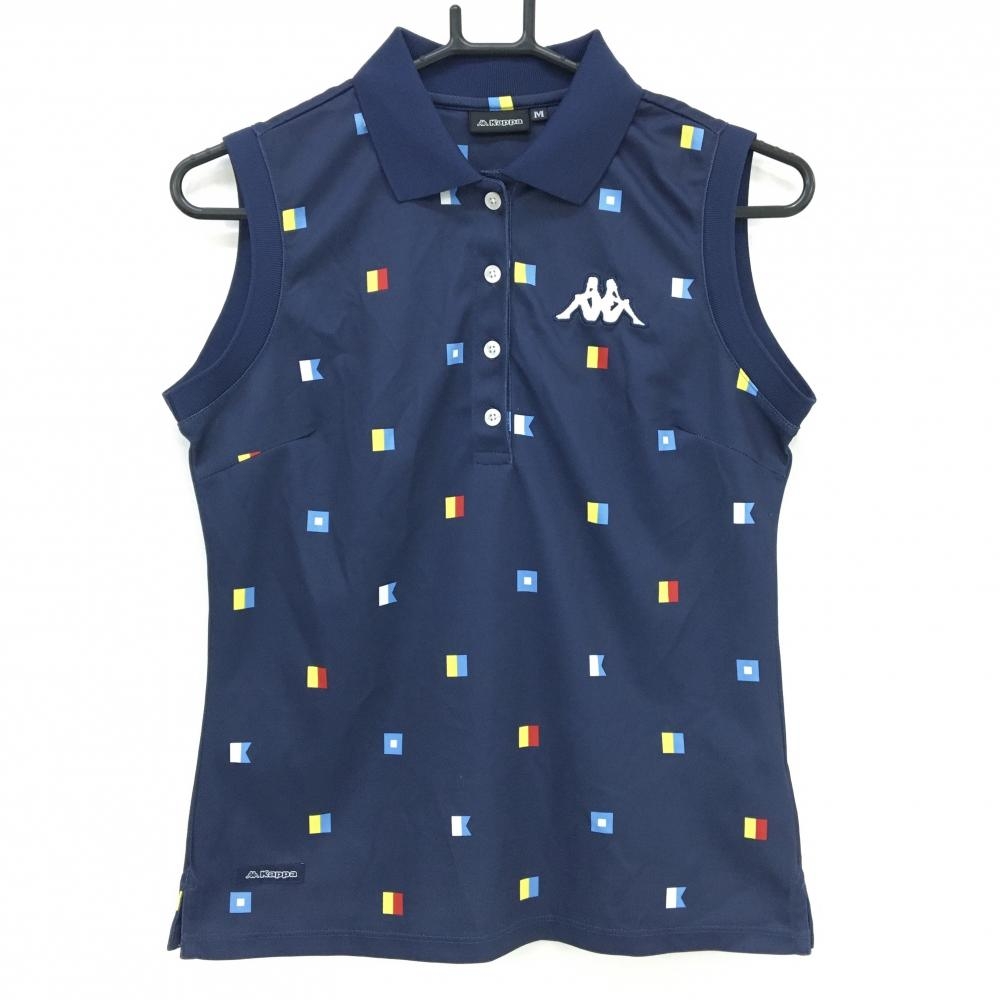 【超美品】カッパ ノースリーブポロシャツ ネイビー×イエロー×ライトブルー 総柄 ビッグロゴ刺しゅう レディース M ゴルフウェア Kappa