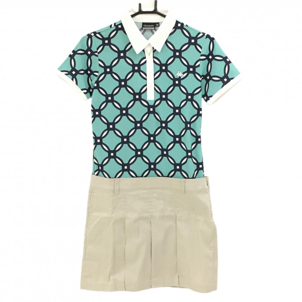 【新品】カッパ 半袖ポロワンピース グリーン×ベージュ 上部総柄 切替 吸水速乾 UVカット レディース M ゴルフウェア Kappa