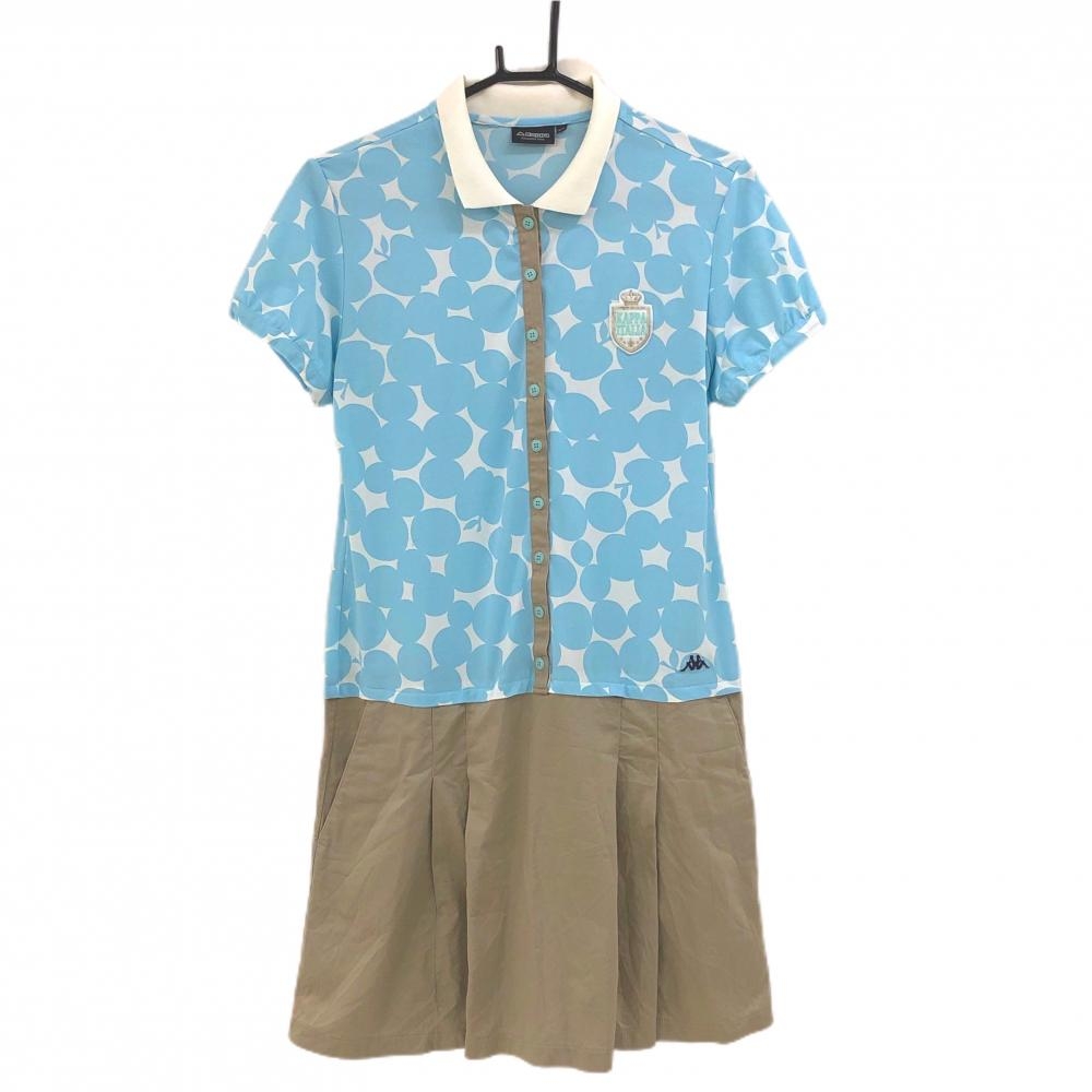 カッパ 半袖ポロワンピース 白×ライトブルー×グレージュ 上部柄 リンゴ パフスリーブ ロゴワッペン レディース L ゴルフウェア Kappa