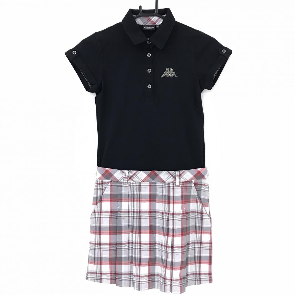 【超美品】カッパ 半袖ポロワンピース 黒×白 チェックスカート ラインストーンロゴ  レディース S ゴルフウェア Kappa