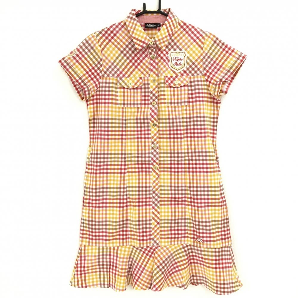 【超美品】カッパ 半袖ポロワンピース オレンジ×レッド×白 チェック 胸ポケット付 レディース L ゴルフウェア Kappa
