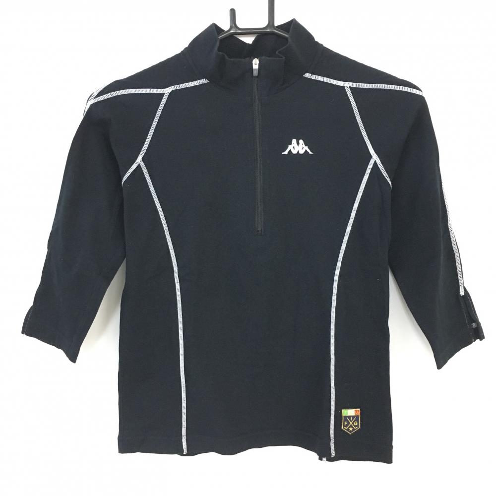 Kappa カッパ 五分袖ハイネックシャツ 黒×白 ストレッチ ハーフジップ コットン混 レディース M ゴルフウェア 画像