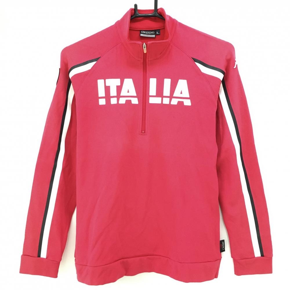 カッパ 長袖ハイネックシャツ ピンクレッド×白 ハーフジップ ロゴ刺しゅう 袖ライン レディース L ゴルフウェア Kappa