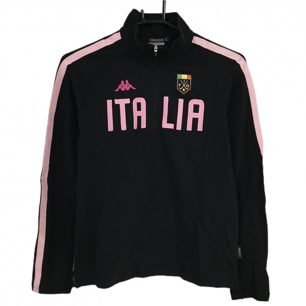 カッパ 長袖ハイネックシャツ 黒×ライトピンク ハーフジップ ロゴプリント 肩・袖ライン  レディース L ゴルフウェア Kappa