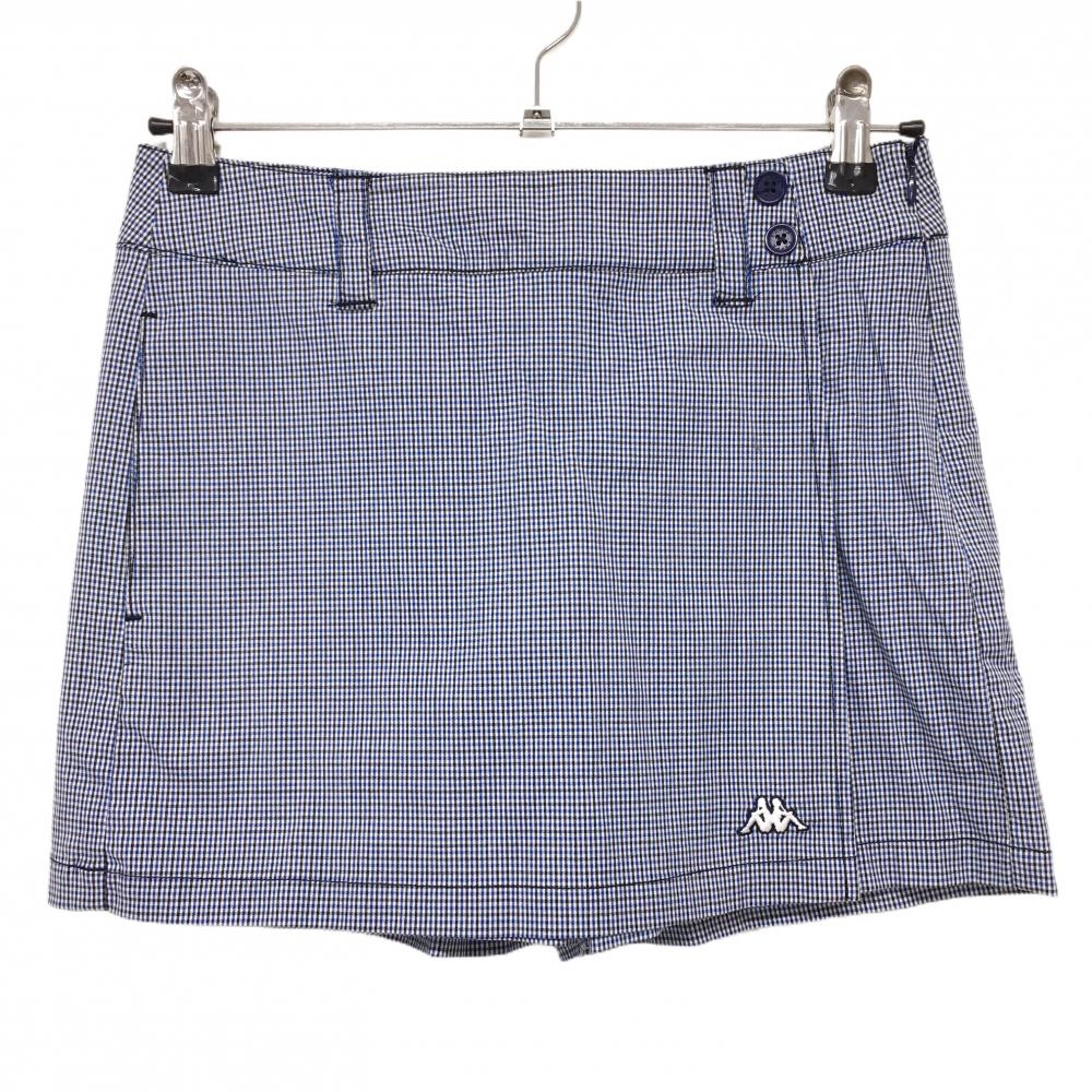 【超美品】カッパ キュロットスカート 白×ブルー チェック 裏地付き ストレッチ レディース 7 ゴルフウェア Kappa