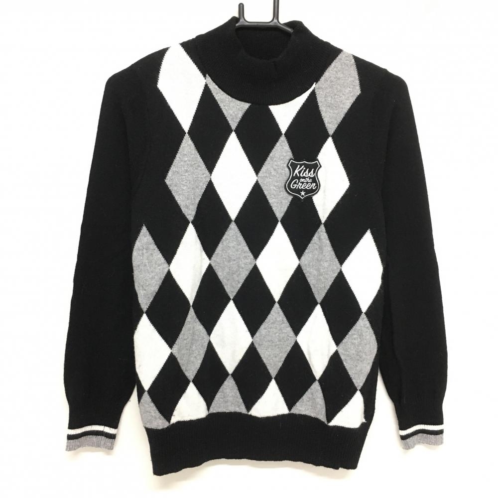 キスオンザグリーン ハイネックセーター 黒×グレー 前身頃ダイヤ柄 ワッペン ニット レディース 2(M) ゴルフウェア kiss on the green