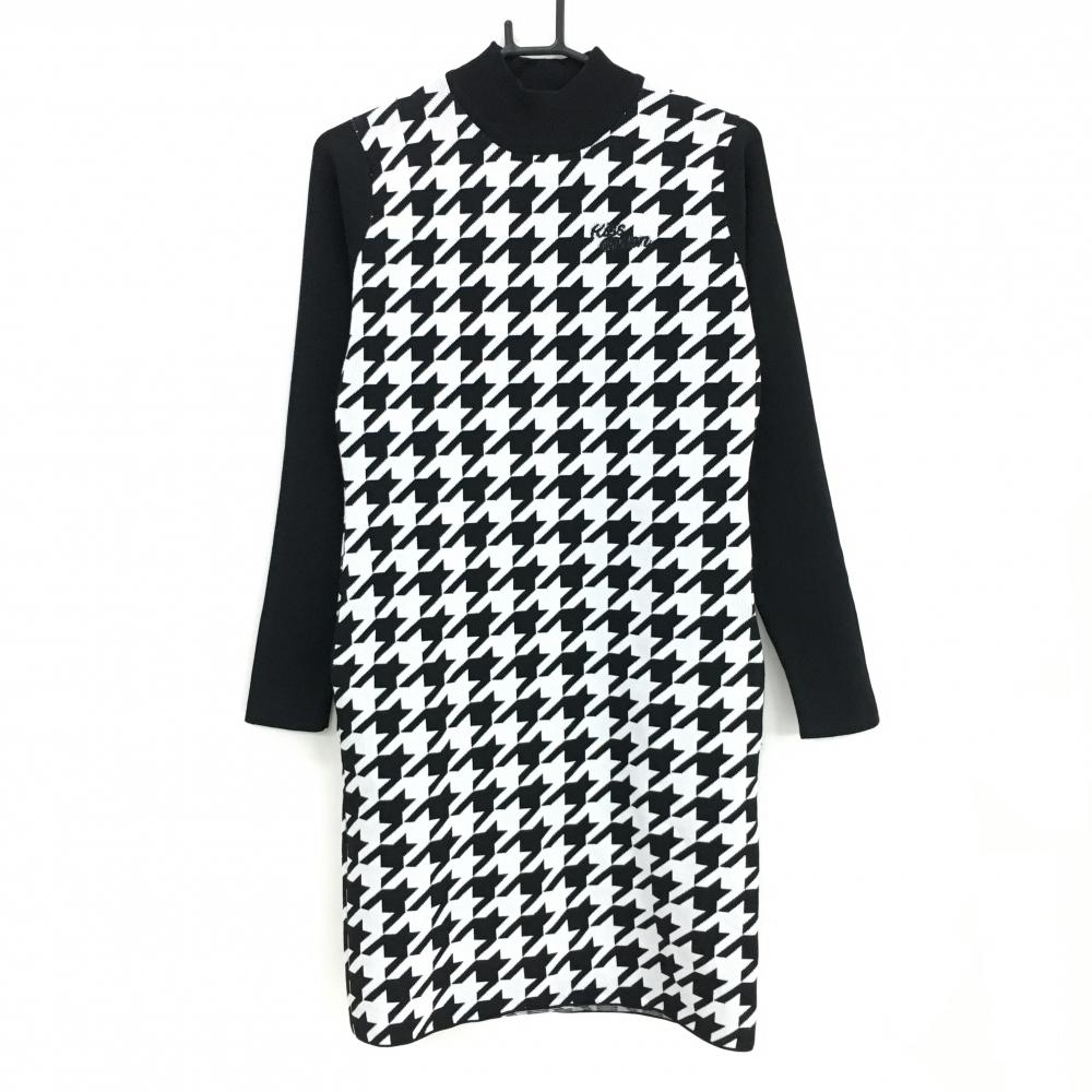 【美品】キスオンザグリーン ハイネックニットワンピース 黒×白 千鳥柄 胸元刺しゅう レディース 3(L) ゴルフウェア kiss on the green