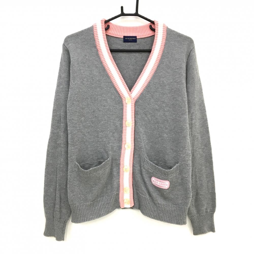 キスオンザグリーン ニットカーディガン グレー×ピンク ロゴワッペン レディース 3(L) ゴルフウェア kiss on the green