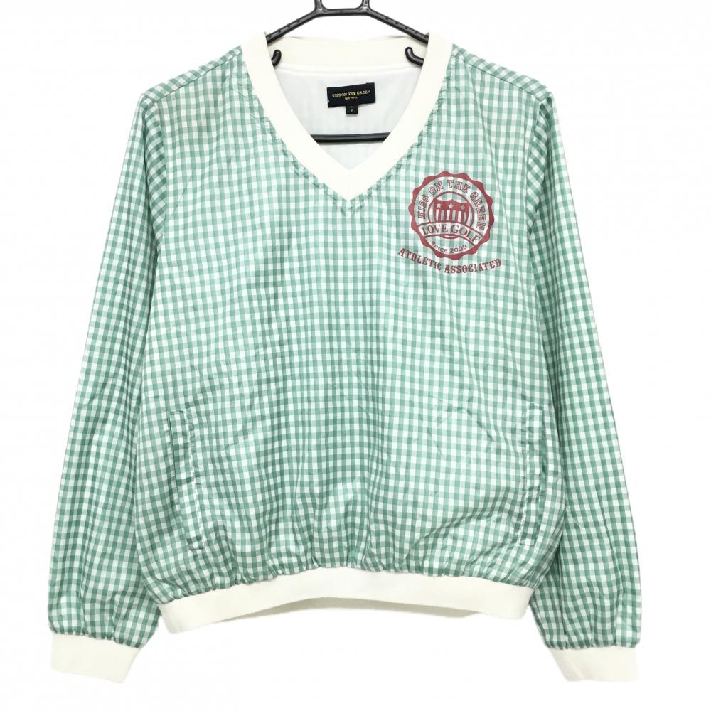 キスオンザグリーン スニード 白×グリーン チェック ロゴプリント Vネック ブルゾン レディース 2(M) ゴルフウェア kiss on the green
