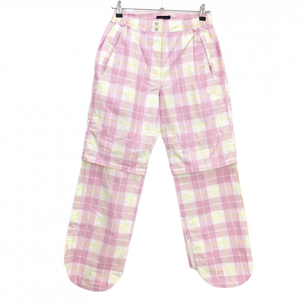 【超美品】キスオンザグリーン レインパンツ ピンク×白 チェック ウエスト一部ゴム  レディース 2(M) ゴルフウェア kiss on the green