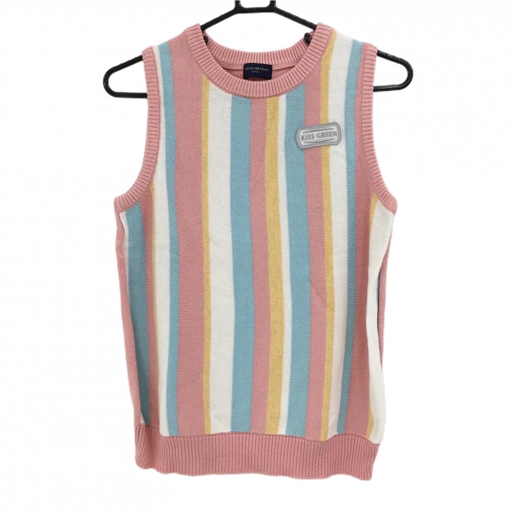 【超美品】キスオンザグリーン ニットベスト ピンク×ライトブルー  レディース L ゴルフウェア kiss on the green