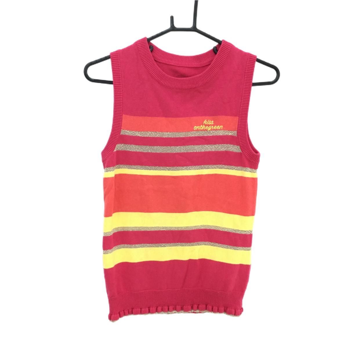 【美品】キスオンザグリーン ニットベスト ピンク系×イエロー ボーダー  レディース  ゴルフウェア kiss on the green