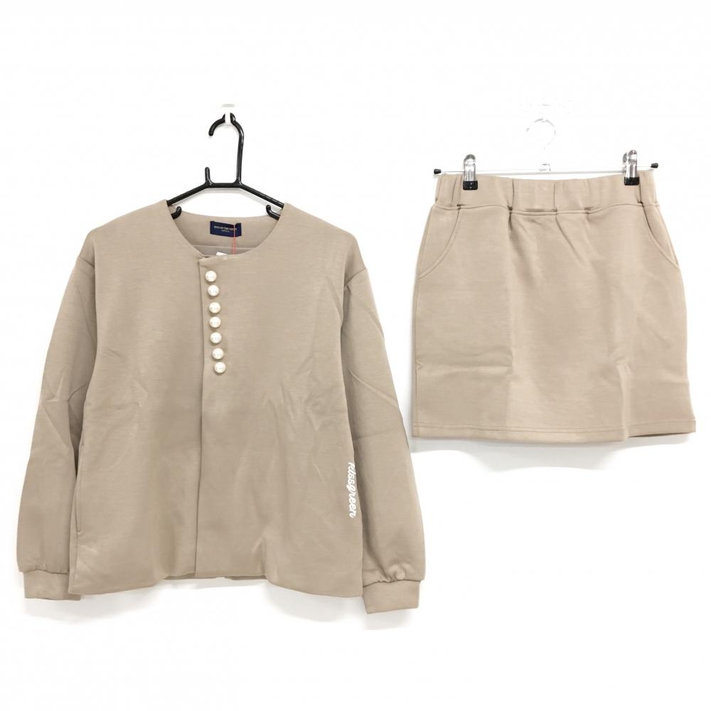 【新品】キスオンザグリーン 上下セット(ノーカラージャケット×スカート) ベージュ レディース 2(M) ゴルフウェア kiss on the green