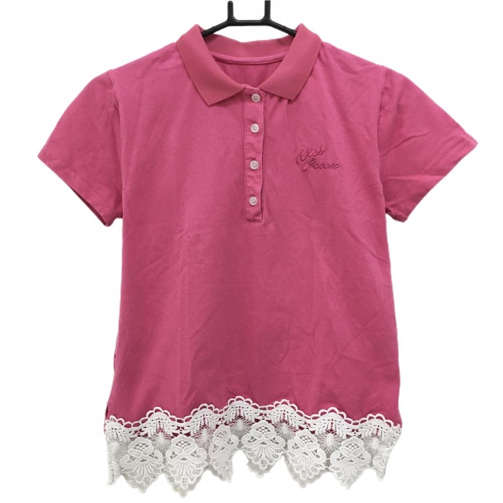 【美品】キスオンザグリーン 半袖ポロシャツ ピンク×白 裾レース レディース 3(L) ゴルフウェア kiss on the green