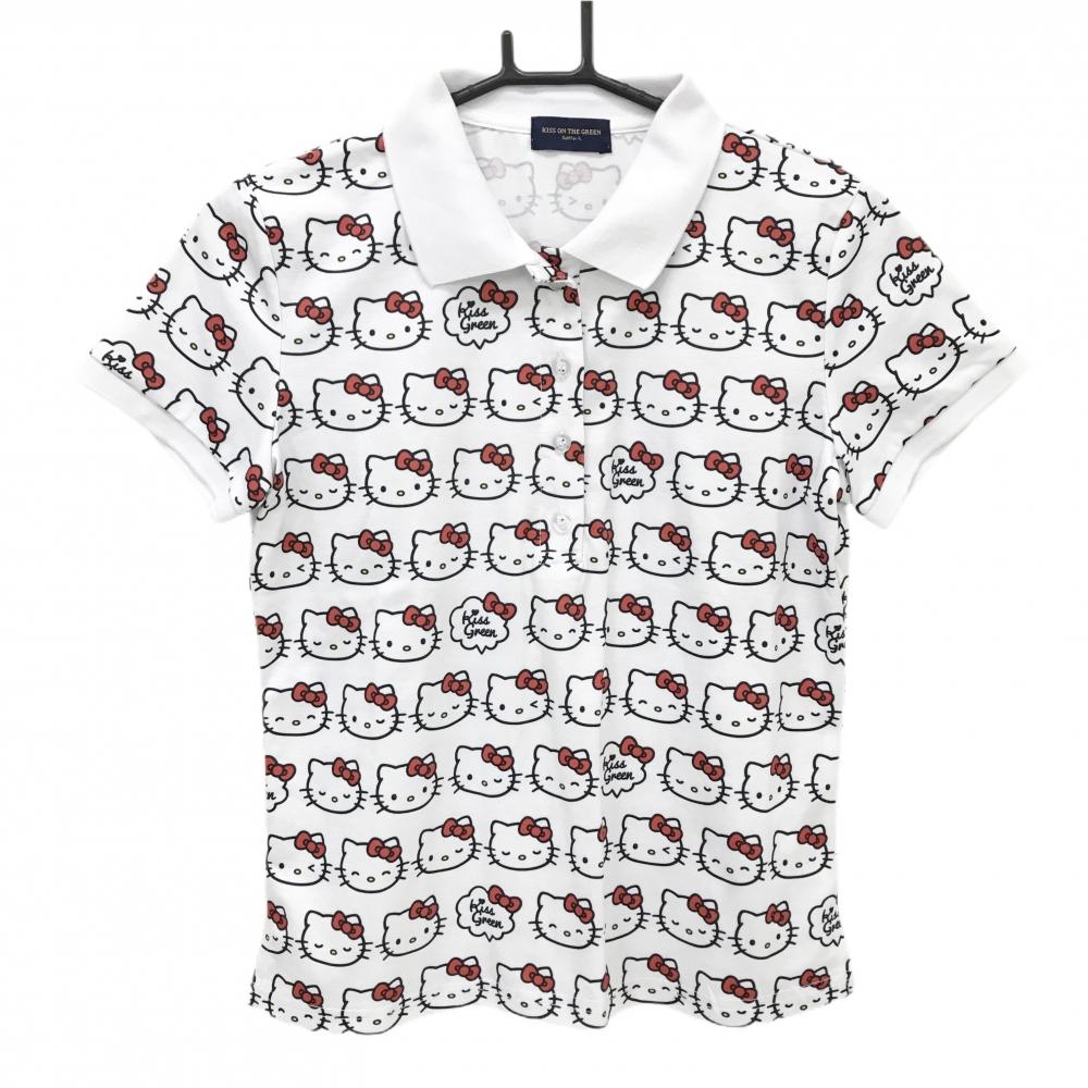 【超美品】キスオンザグリーン×ハローキティ 半袖ポロシャツ 白×レッド  レディース 2(M) ゴルフウェア kiss on the green