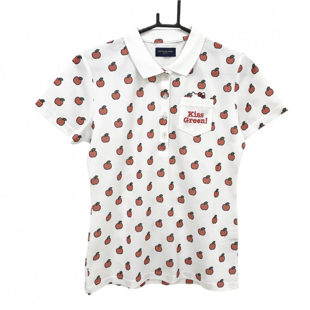 キスオンザグリーン×ハローキティ 半袖ポロシャツ 白×レッド リンゴ総柄 レディース 2(M) ゴルフウェア kiss on the green