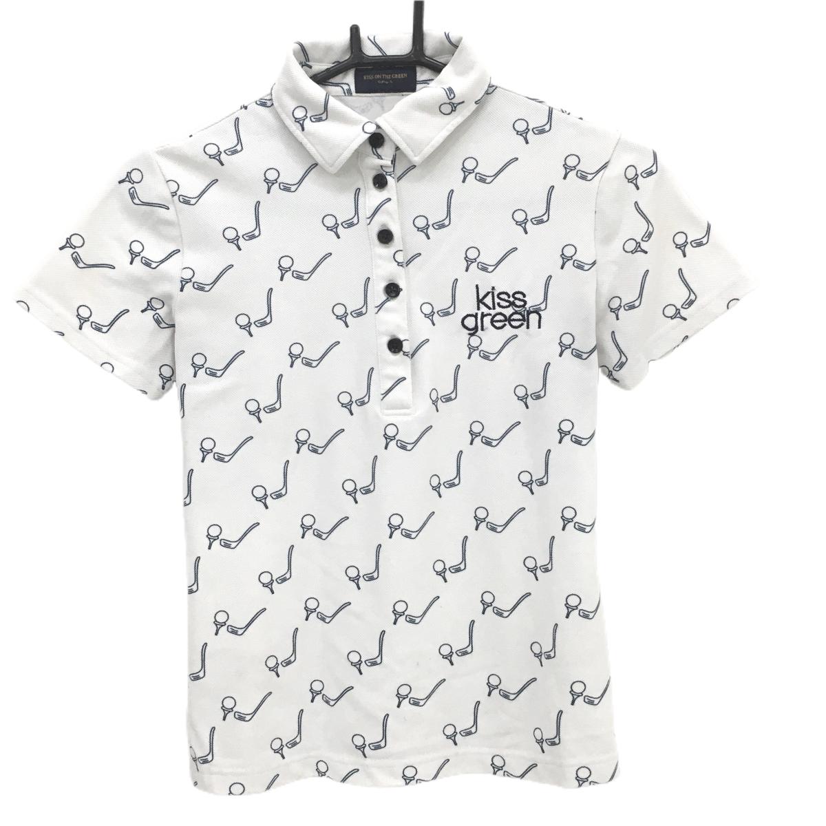 【超美品】キスオンザグリーン 半袖ポロシャツ 白 ゴルフクラブ・ボール総柄 ロゴ レディース 1(S) ゴルフウェア kiss on the green