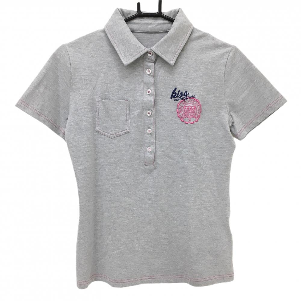【美品】キスオンザグリーン 半袖ポロシャツ 杢グレー ロゴ刺しゅう レディース 2(M) ゴルフウェア kiss on the green