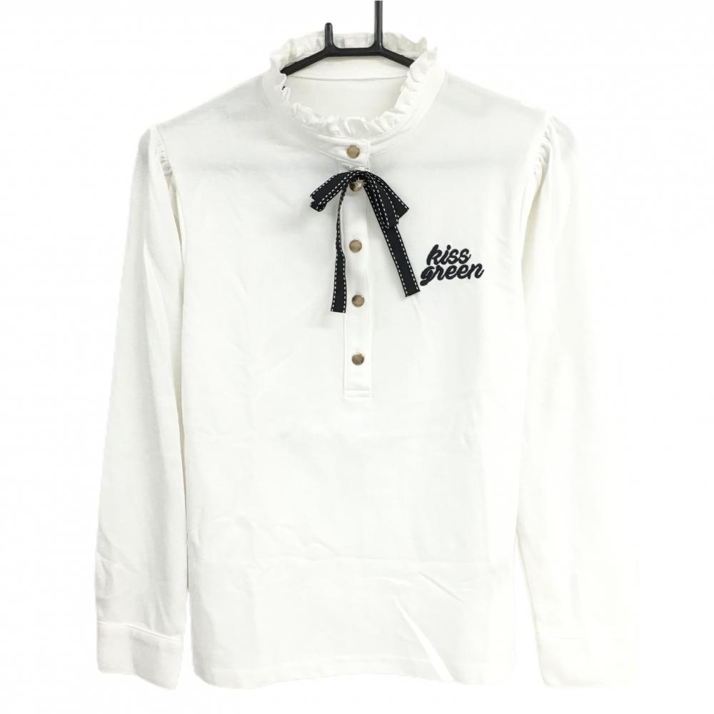【美品】キスオンザグリーン 長袖ポロシャツ 白 スタンドカラー リボンブローチ付 レディース 3(L) ゴルフウェア kiss on the green