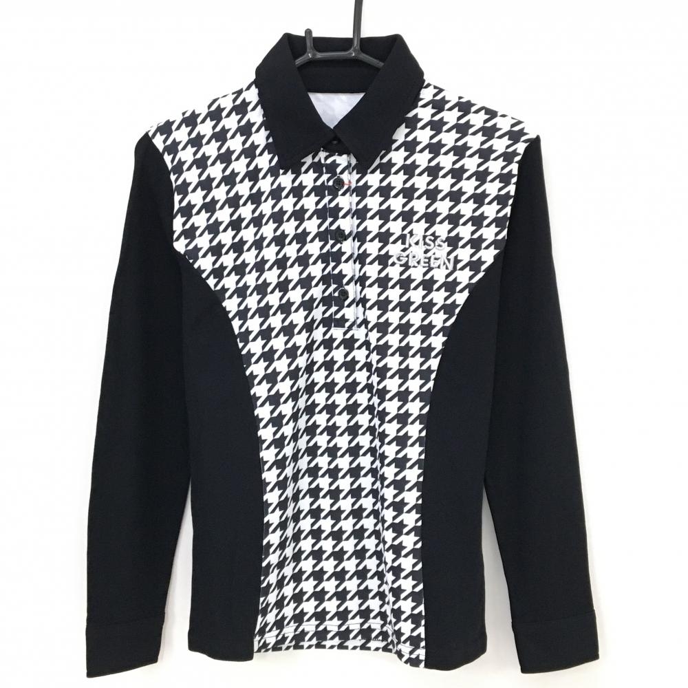 【新品】キスオンザグリーン 長袖ポロシャツ 黒×白 身頃千鳥格子 接触冷感 吸汗速乾 レディース 3(L) ゴルフウェア kiss on the green