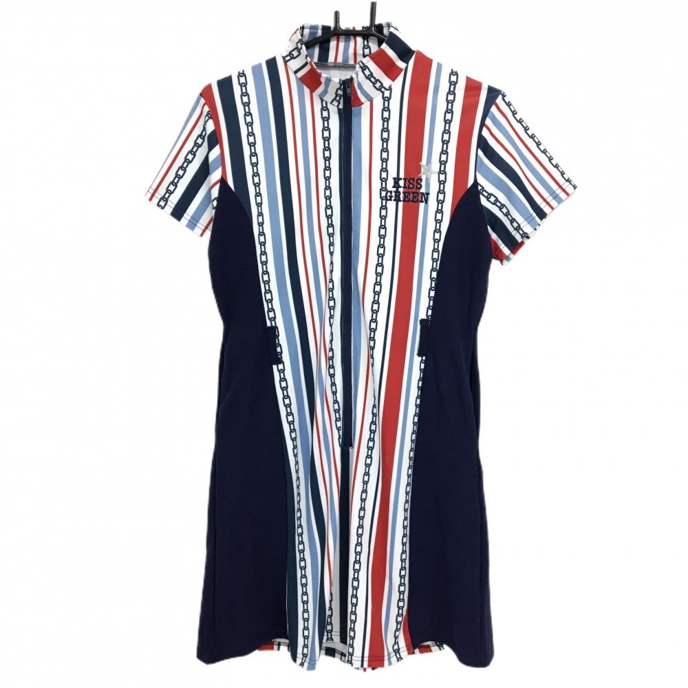 【美品】キスオンザグリーン 半袖ハイネックワンピース 白×ネイビー  レディース 3(L) ゴルフウェア kiss on the green