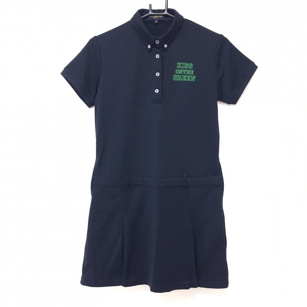 【美品】キスオンザグリーン 半袖ポロワンピース ネイビー ロゴ刺しゅう ボタンダウン レディース 2(M) ゴルフウェア kiss on the green