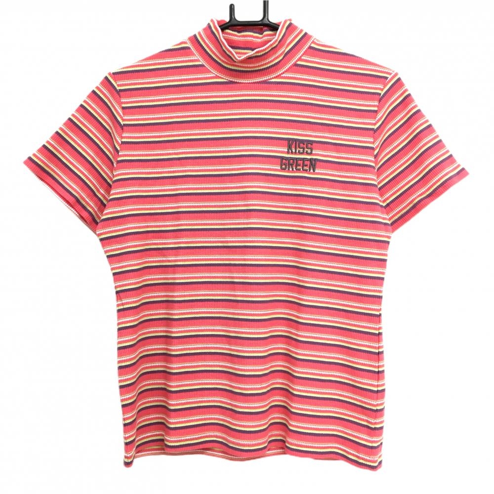 【新品】キスオンザグリーン 半袖ハイネックシャツ ピンク×ライトグリーン ボーダー  レディース 3(L) ゴルフウェア kiss on the green