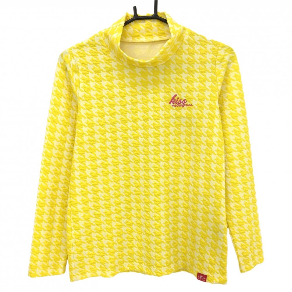 【新品】キスオンザグリーン 長袖ハイネックシャツ イエロー 千鳥格子 ロゴ刺しゅう レディース 3(L) ゴルフウェア kiss on the green