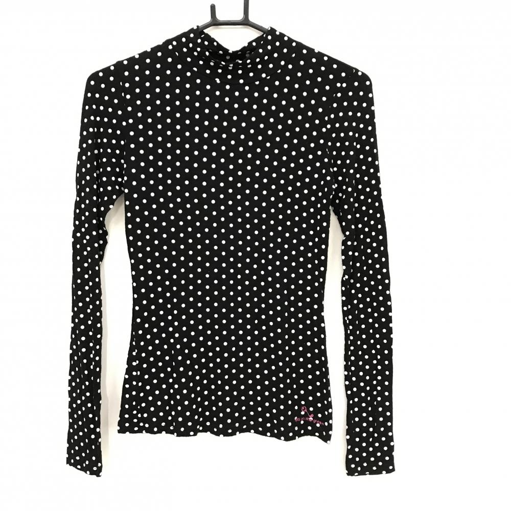 【美品】キスオンザグリーン 長袖ハイネックシャツ 黒×白 ドット柄 裾ロゴ レディース  ゴルフウェア kiss on the green
